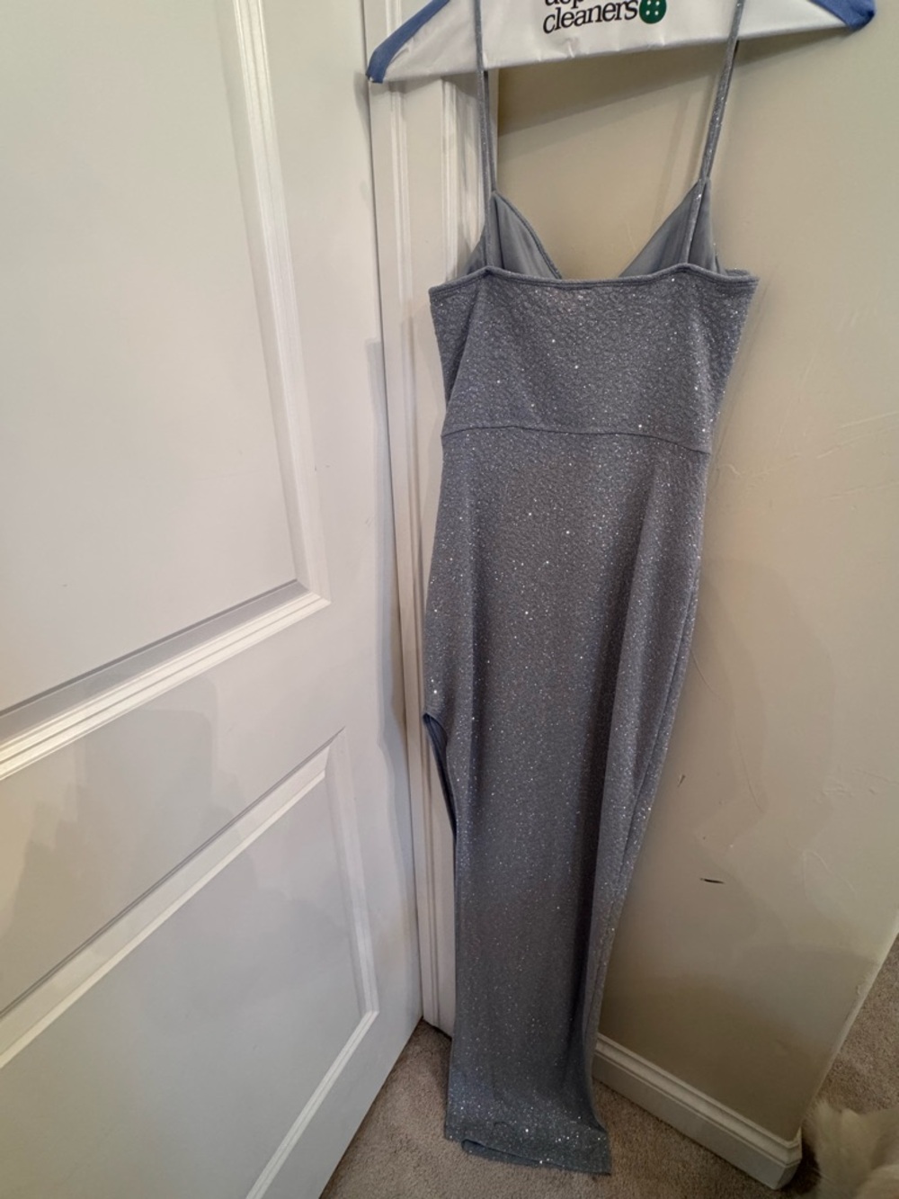 Stunning Silver light blue shimmer Neck Sequin Slip Dress - Women's Evening Gown - Picture 7 of 8